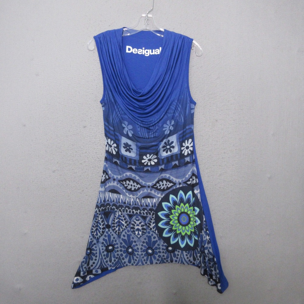 Desigual Top Tunic Small Blue Cowl Neck Mandala Boho Y2K Asymmetrical Hem Artsy